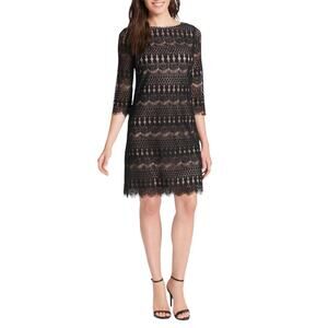 Jessica Howard Illusion Sleeve Crochet Lace Black Shift Lined Dress Sz 14